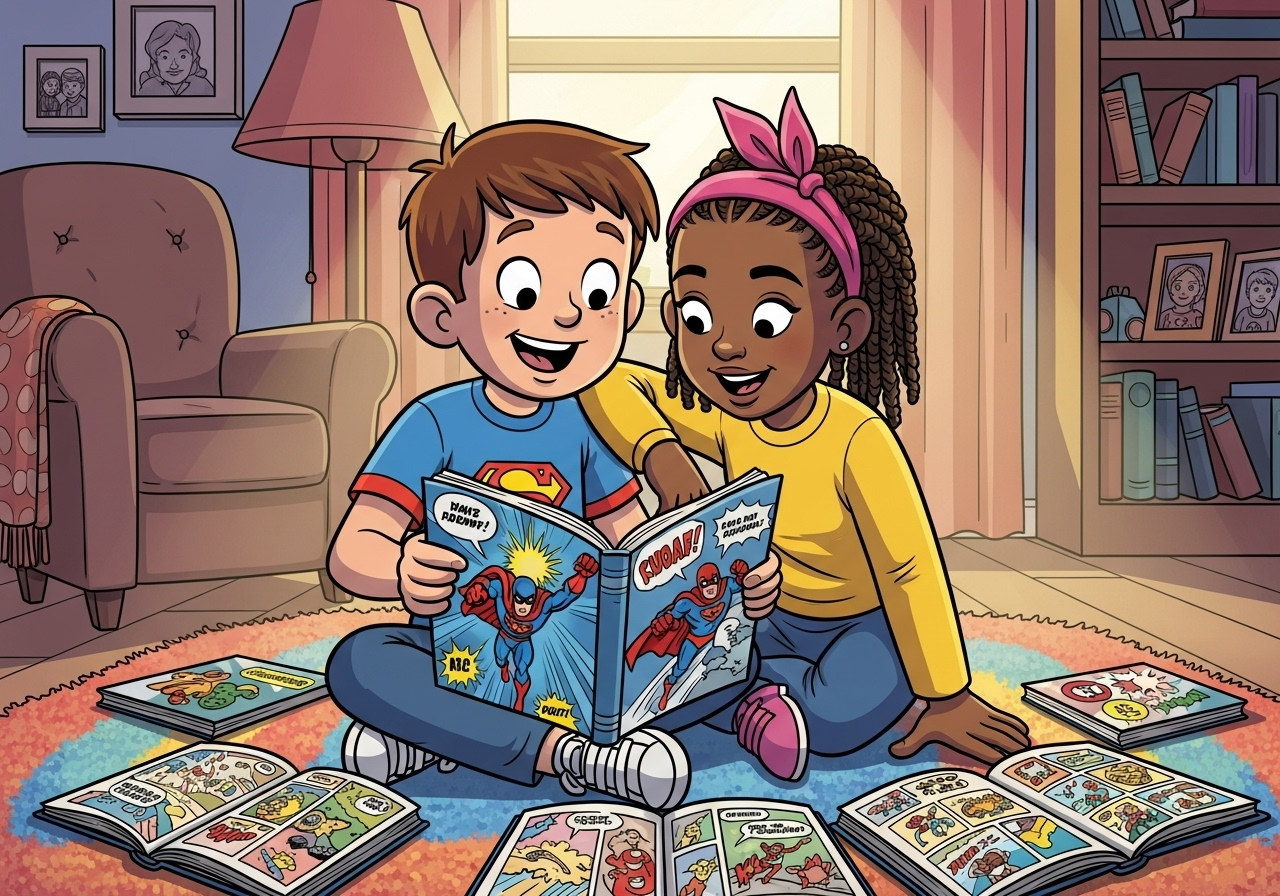 Crianças lendo quadrinhos